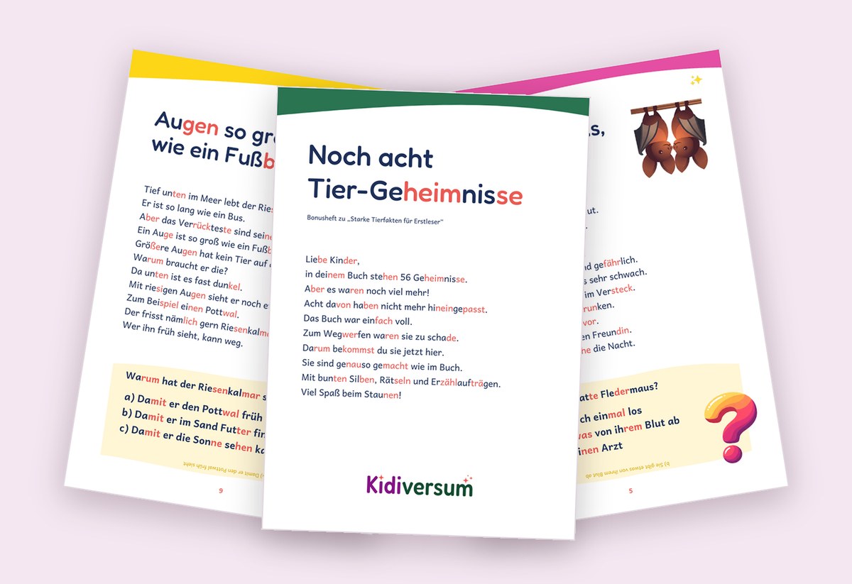 Vorschau des Tierhefts: Titelseite vor zwei Tierfakten mit farbigen Silben