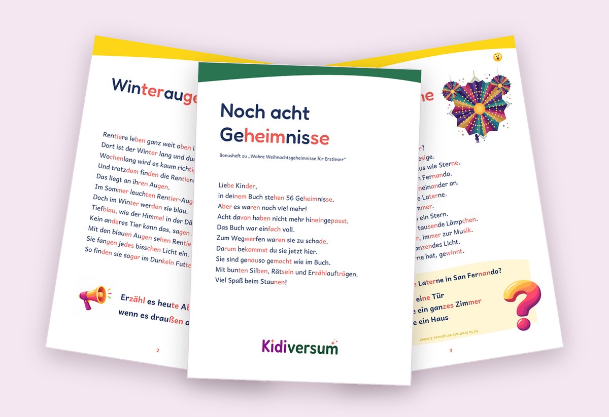 Vorschau des Bonushefts: Titelseite vor zwei Weihnachtsfakten mit farbigen Silben